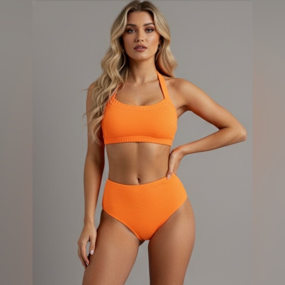 Halter High Waisted Bikini Swimsuit Orange - Picture 1 of 6